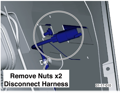 Diagram showing side marker unit mounting with callout text 'Remove Nuts x2 Disconnect Harness'