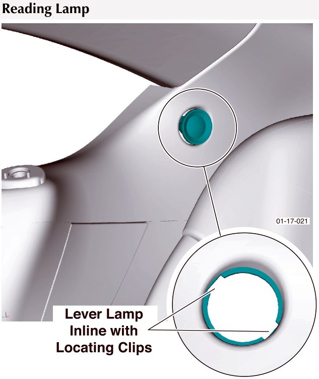 Diagram of reading lamp location on interior trim panel showing lever lamp inline with locating clips