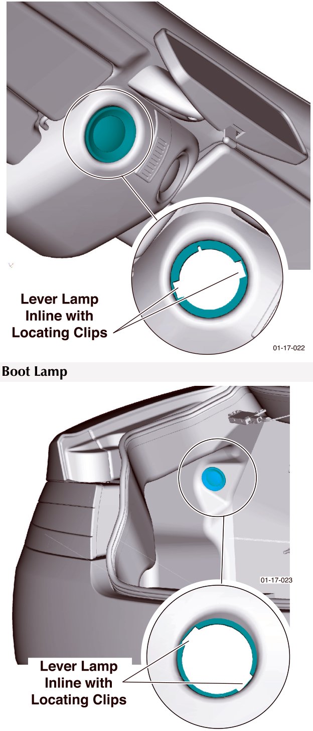 Diagram of rear quarter lamp location on interior trim panel showing lever lamp inline with locating clips