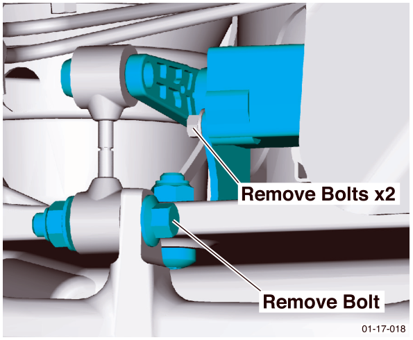 Close-up view of the front level sensor mounting bolts with callouts indicating where to remove bolts x2 and a single bolt
