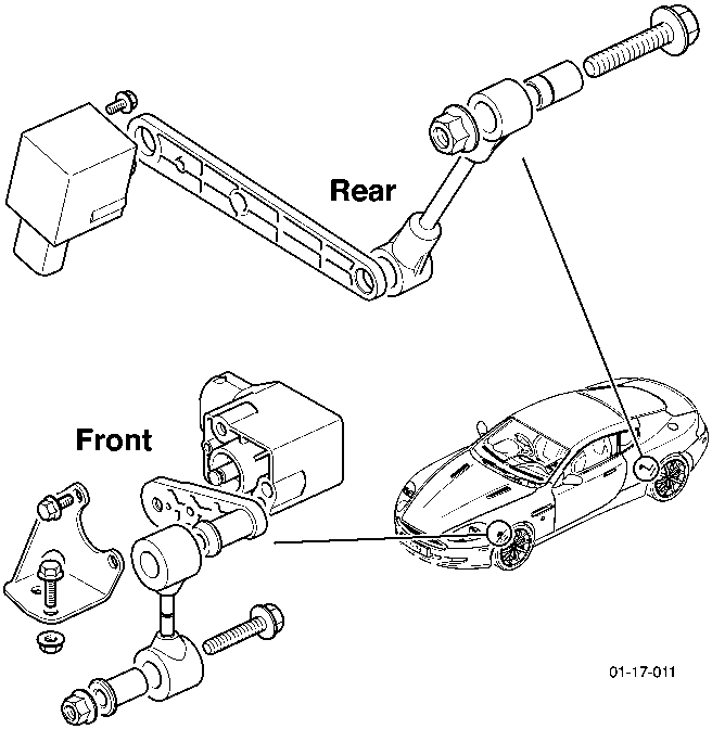 Diagram showing the Automatic Dynamic Headlamp Levelling System components including front and rear level sensors and their connection to the vehicle body