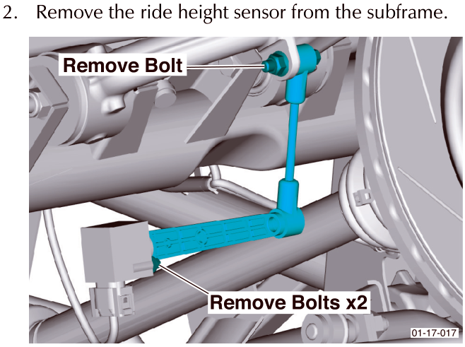 Diagram showing removal of the ride height sensor, with callouts 'Remove Bolt' and 'Remove Bolts x2'