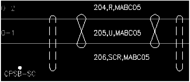 Diagram showing screened twisted wire symbols with examples 204 R MABC 05, 205 U MABC 05, 206 SCR MABC 05 and CPSB-SC
