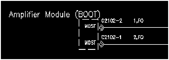 Diagram showing Amplifier Module (BOOT) with MOST connections C2102-2 and C2102-1