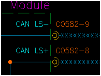 Diagram showing Module with CAN LS- C0582-9 and CAN LS+ C0582-8 connections
