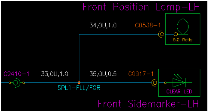 Schematic diagram showing Front Position Lamp-LH and Front Sidemarker-LH circuits with splice SPL1-FLL/FOR