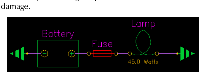 Circuit diagram showing Battery connected to Fuse then Lamp rated at 45.0 Watts
