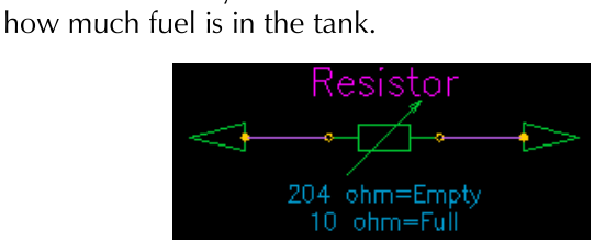 Variable Resistor symbol with labels 204 ohm=Empty and 10 ohm=Full