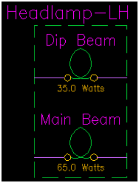 Headlamp-LH symbol showing Dip Beam 35.0 Watts and Main Beam 65.0 Watts