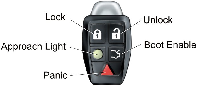 RKE Transmitter remote control showing buttons labeled Lock, Unlock, Approach Light, Boot Enable, and Panic.