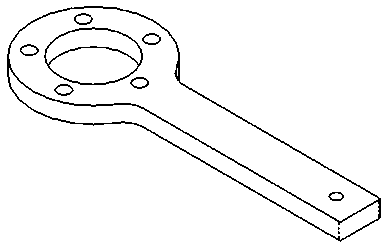A flat metal support tool with a circular flange containing four holes and a long handle ending in two holes.