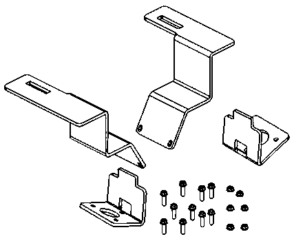 A set of engine support brackets including L-shaped metal pieces and various bolts and nuts.
