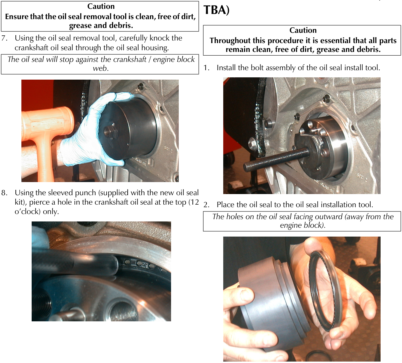 A gloved hand holding a black cylindrical tool against an engine block while striking it with an orange mallet.