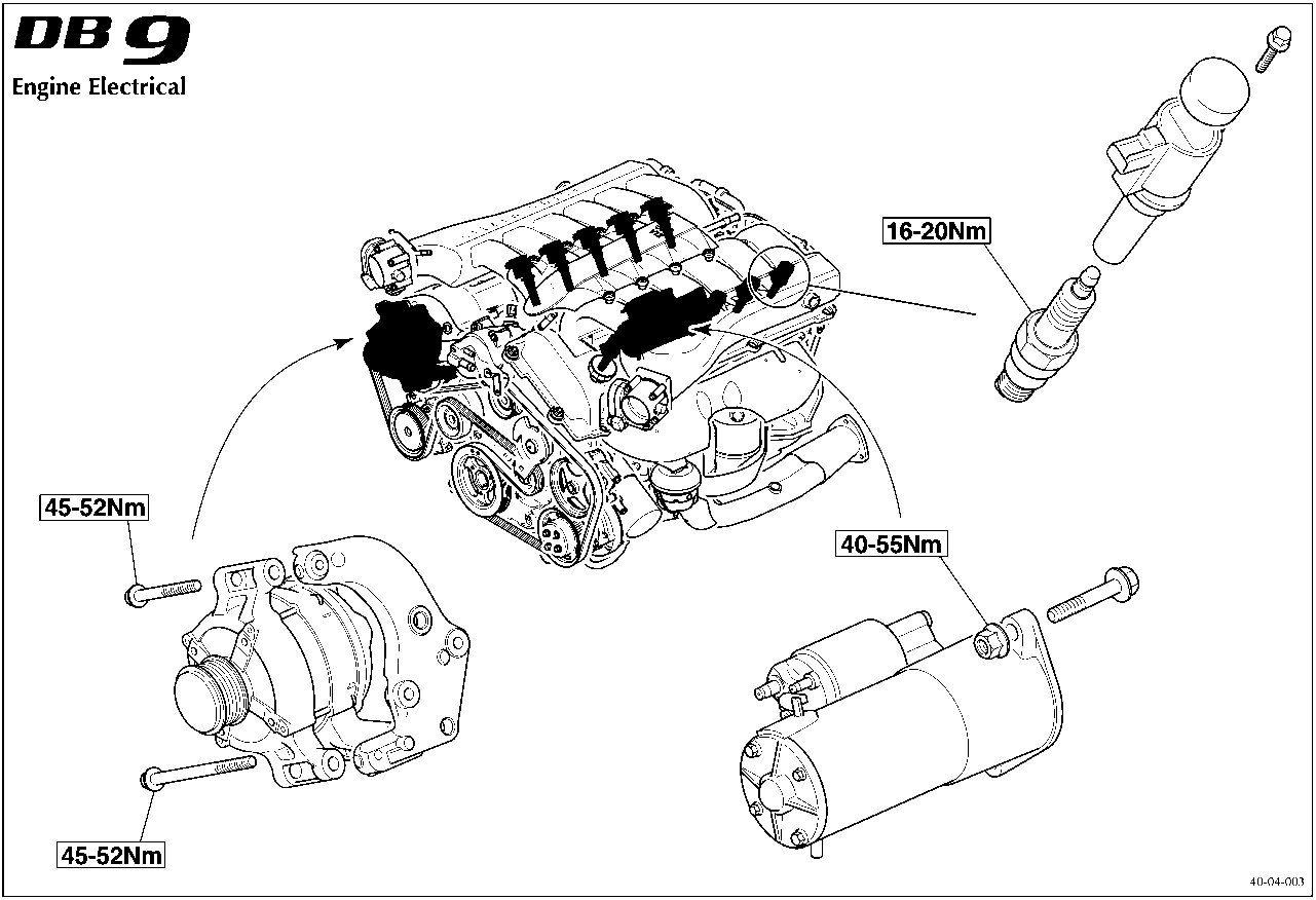 Diagram of DB 9 engine electrical components including alternator, starter motor, and ignition coil with torque values 45-52Nm, 40-55Nm, and 16-20Nm indicated.