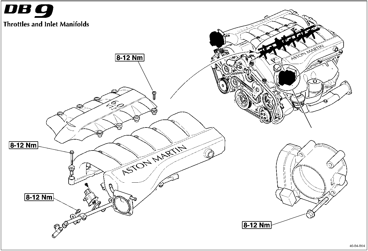 Diagram of DB9 throttles and inlet manifolds showing torque values of 8-12 Nm for various fasteners.