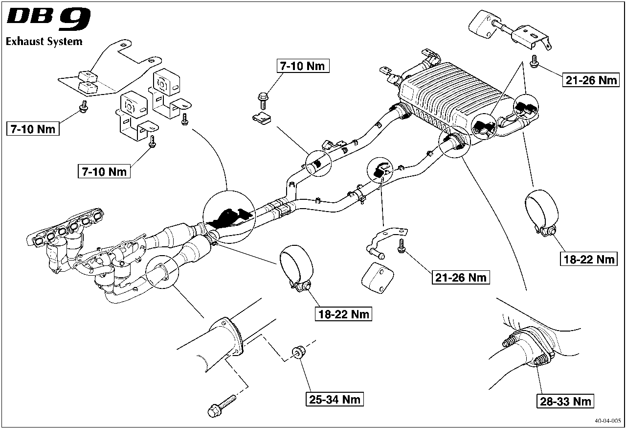 Diagram of DB9 exhaust system showing torque values of 7-10 Nm, 21-26 Nm, 18-22 Nm, 25-34 Nm, and 28-33 Nm for various components.