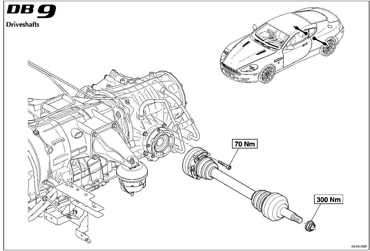 Diagram of DB 9 driveshaft assembly showing torque values of 70 Nm and 300 Nm