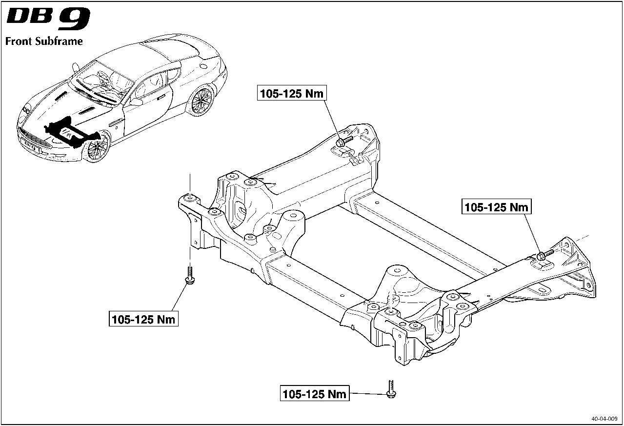Diagram of DB 9 front subframe showing four torque values of 105-125 Nm at mounting points