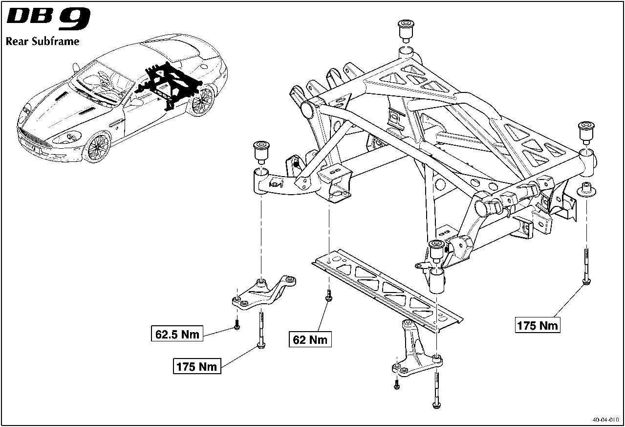 Diagram of the rear subframe assembly with torque values indicated for various fasteners: 62.5 Nm, 62 Nm, 175 Nm, and 175 Nm.
