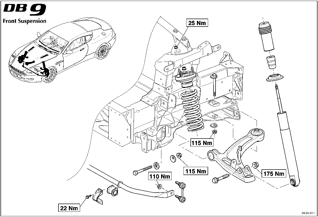 Diagram of the front suspension assembly with torque values indicated for various fasteners: 25 Nm, 115 Nm, 110 Nm, 115 Nm, 175 Nm, and 22 Nm.