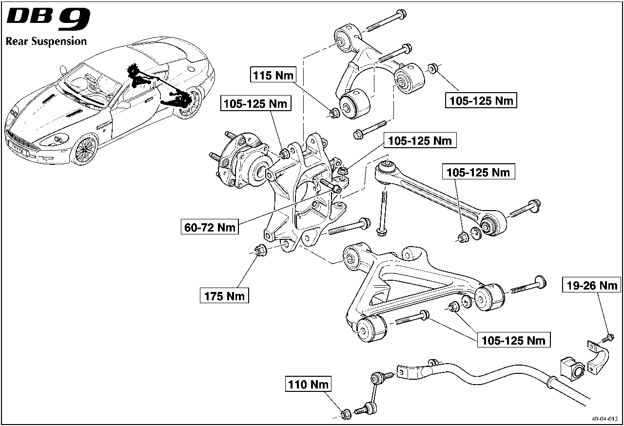Diagram of Rear Suspension with torque values: 115 Nm, 105-125 Nm (multiple), 60-72 Nm, 175 Nm, 19-26 Nm, 110 Nm.