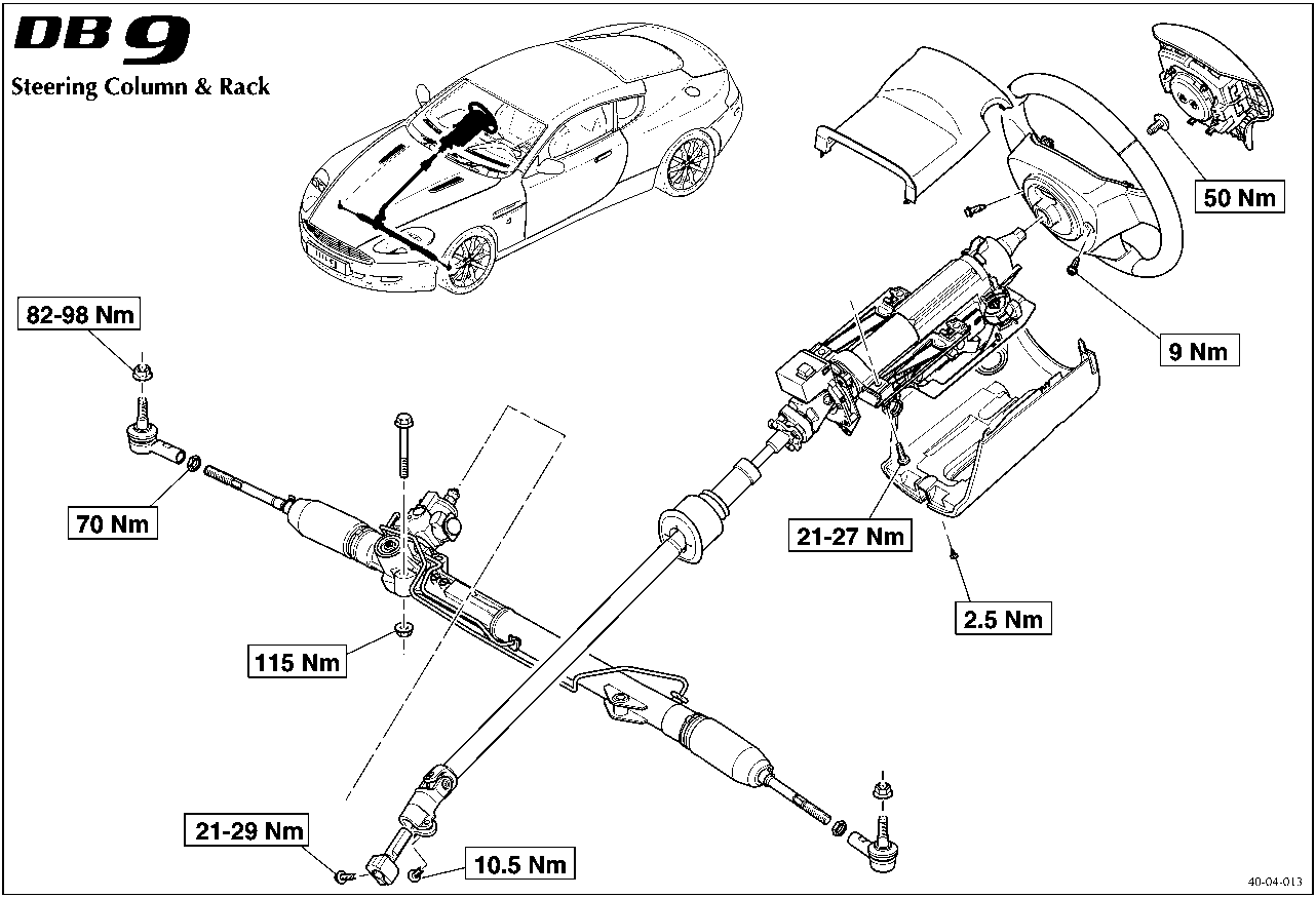Diagram of Steering Column & Rack with torque values: 82-98 Nm, 70 Nm, 115 Nm, 21-29 Nm, 10.5 Nm, 50 Nm, 9 Nm, 21-27 Nm, 2.5 Nm.