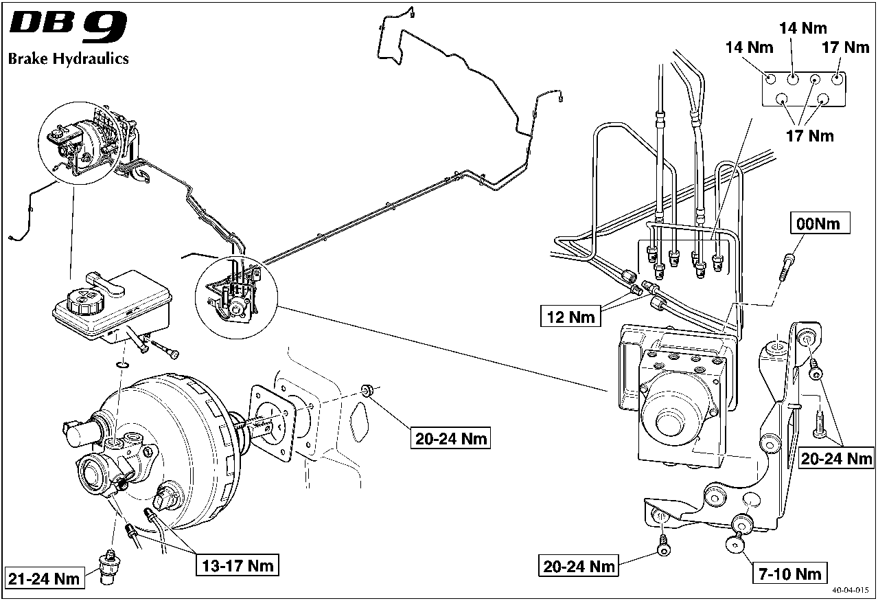 Diagram of the brake hydraulics system showing various torque values for calipers, lines, and mounting points.