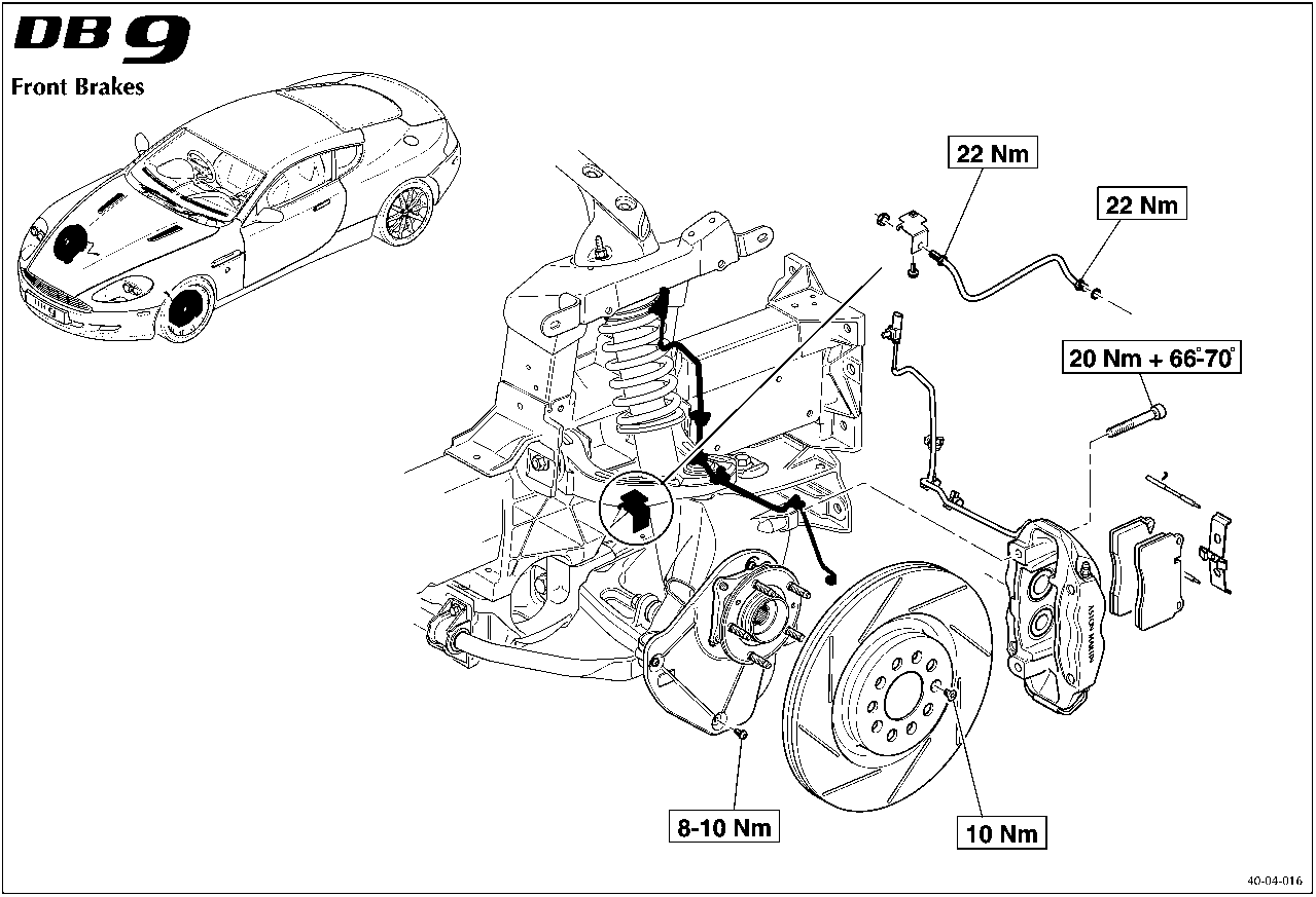Diagram of front brake assembly with torque values: 22 Nm, 22 Nm, 20 Nm + 66-70°, 8-10 Nm, and 10 Nm indicated on various components.