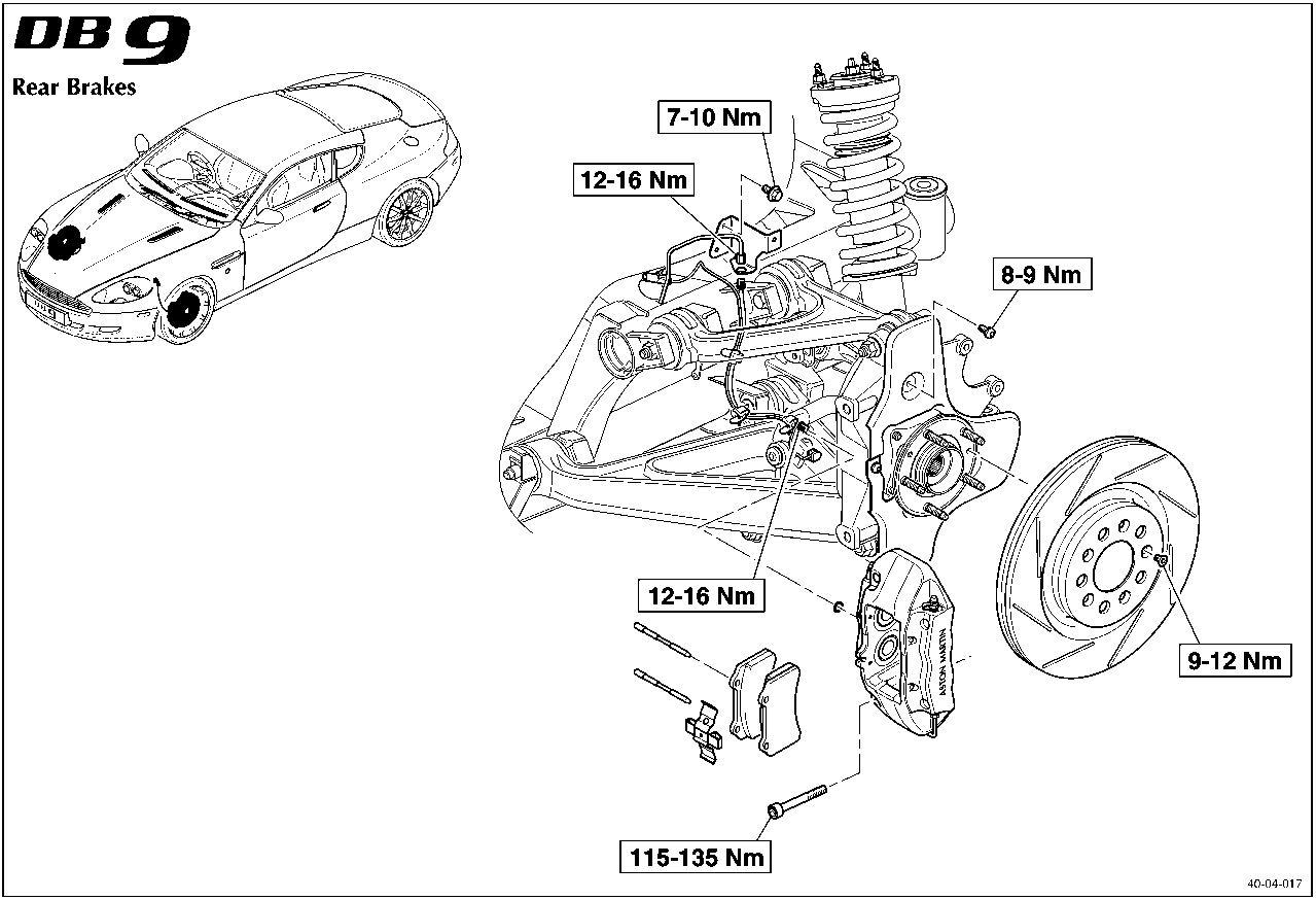 Diagram of rear brake assembly with torque values: 7-10 Nm, 12-16 Nm, 8-9 Nm, 12-16 Nm, 9-12 Nm, and 115-135 Nm indicated on various components.