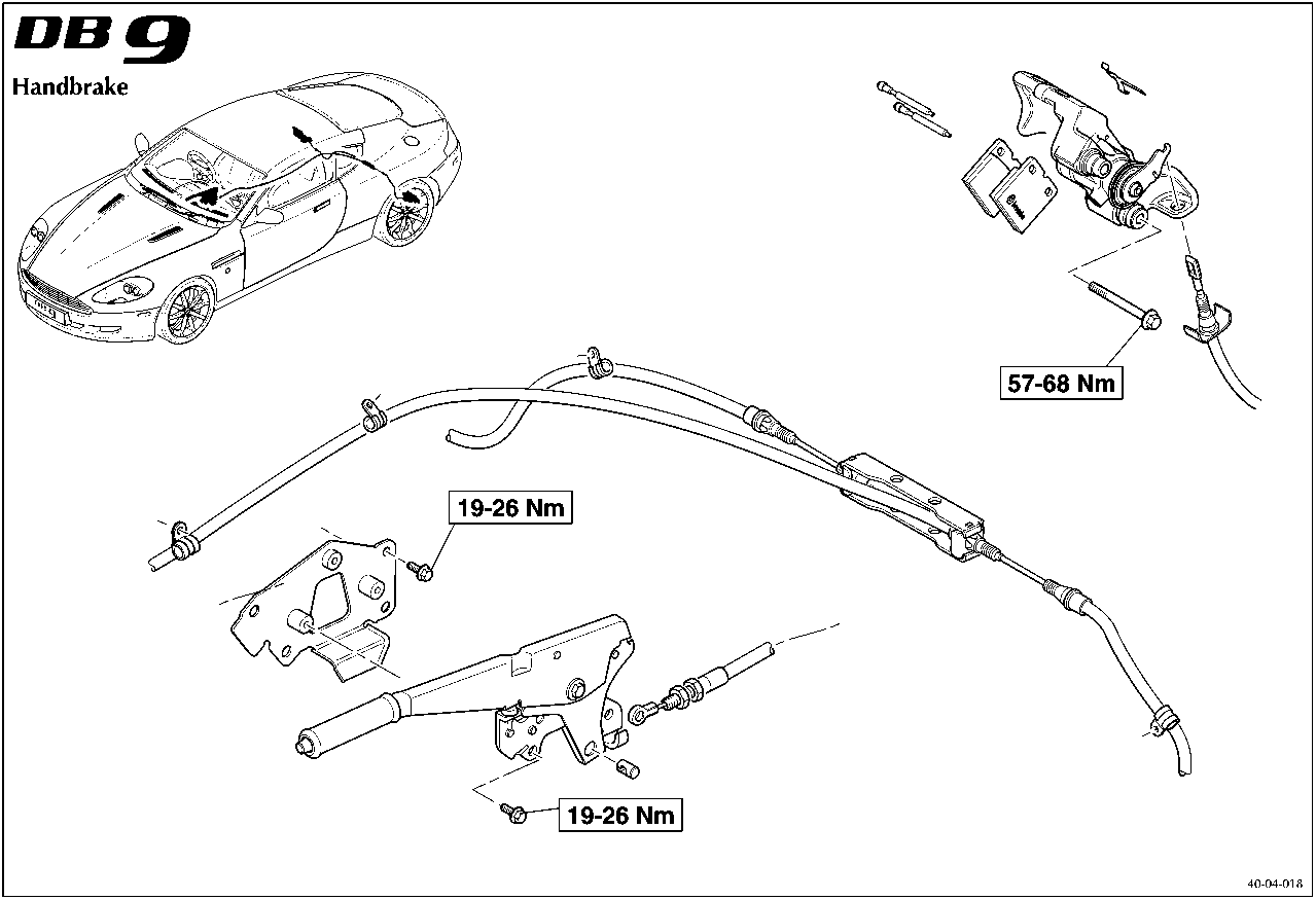 Diagram of the handbrake assembly showing torque values for various fasteners