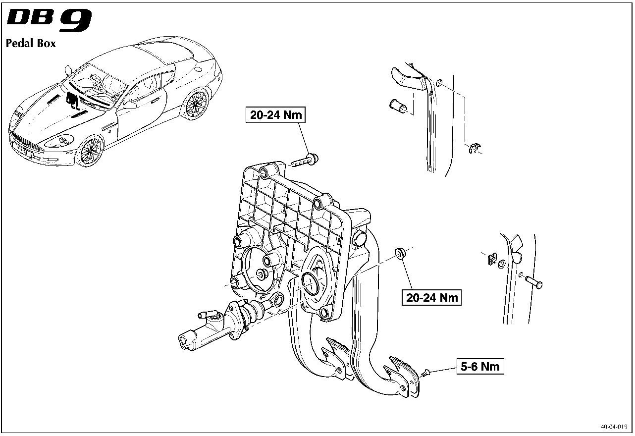 Diagram of the pedal box assembly showing torque values for various fasteners