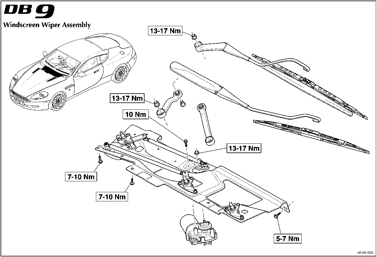 Exploded view diagram of the windscreen wiper assembly showing torque values for various fasteners.