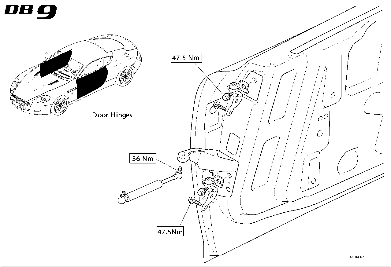 Diagram showing door hinges and their mounting points with specified torque values.