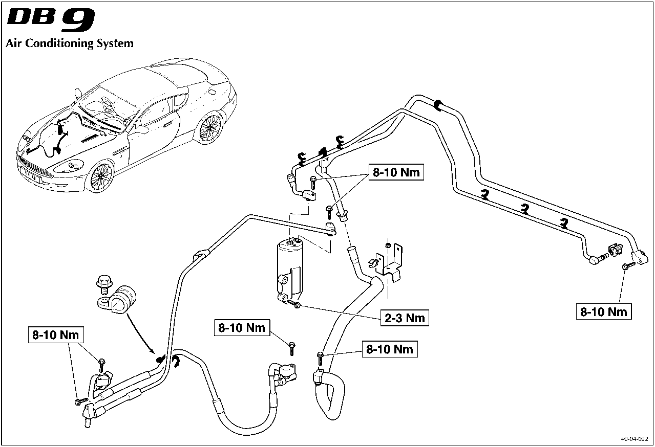 Diagram of the Air Conditioning System showing refrigerant lines and components with torque values 8-10 Nm, 2-3 Nm, and 8-10 Nm indicated at various connection points.