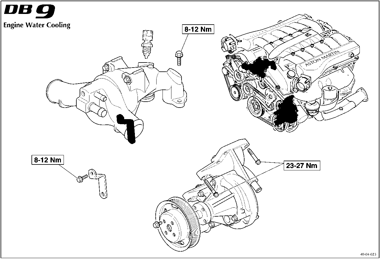Diagram of Engine Water Cooling components including a water pump, engine block, and mounting bracket with torque values 8-12 Nm and 23-27 Nm indicated at specific fasteners.