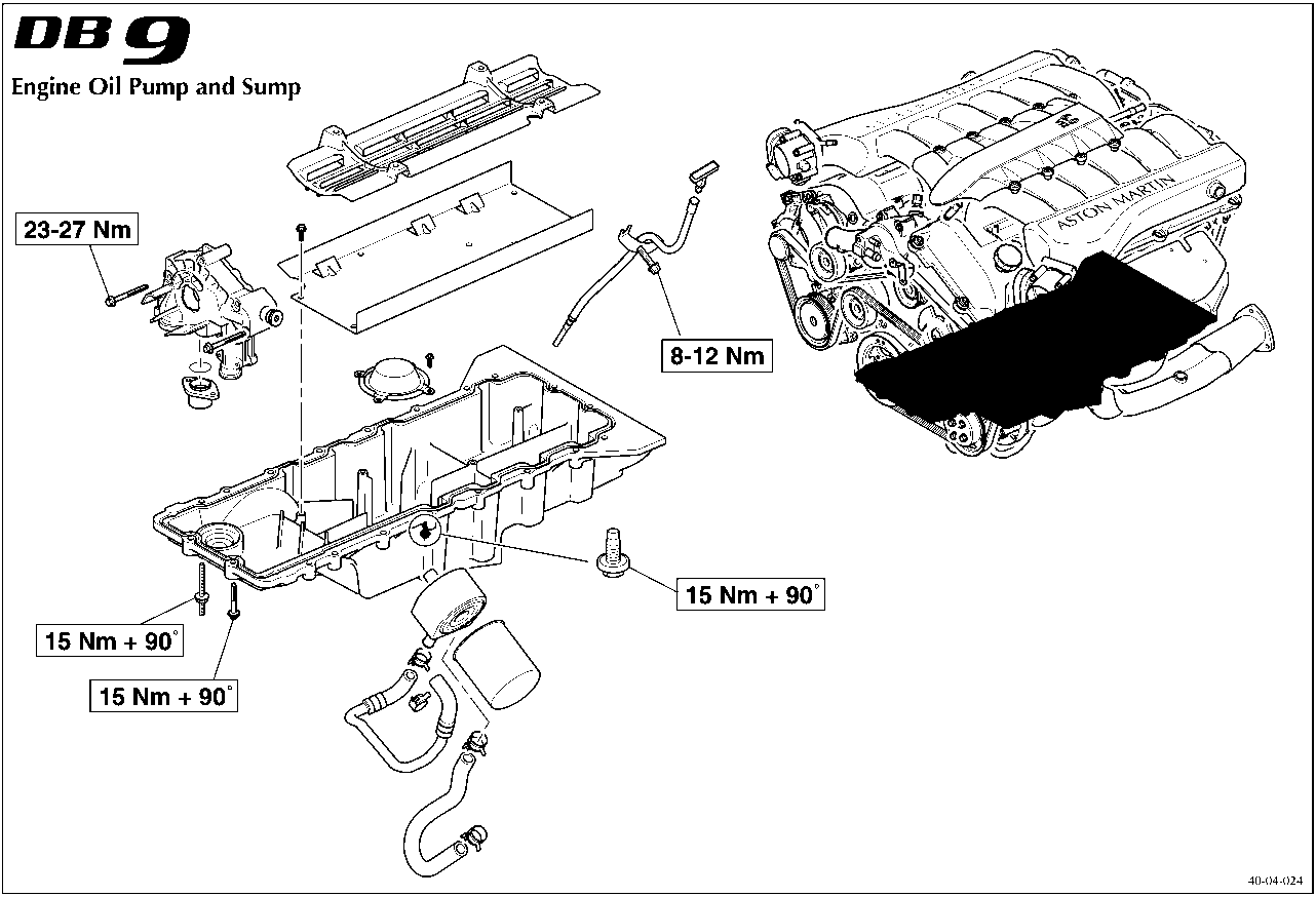Exploded view diagram of the engine oil pump and sump assembly with torque callouts.