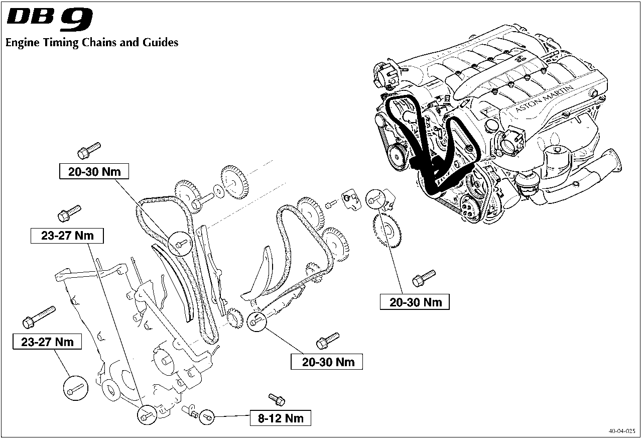 Exploded view diagram of the engine timing chains and guides assembly with torque callouts.