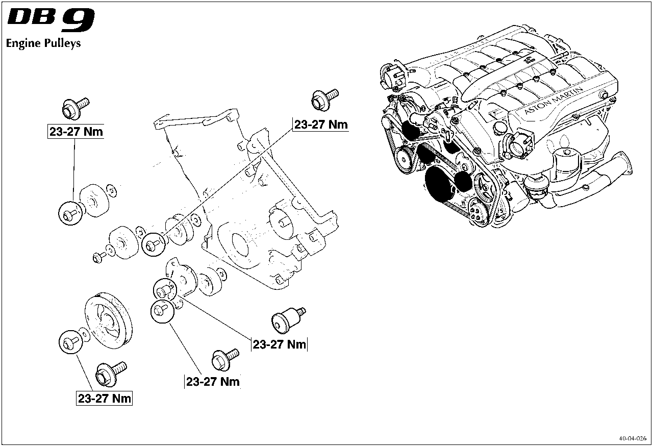 Diagram of engine pulleys showing five bolt locations with torque specification 23-27 Nm. Document code 40-04-026.