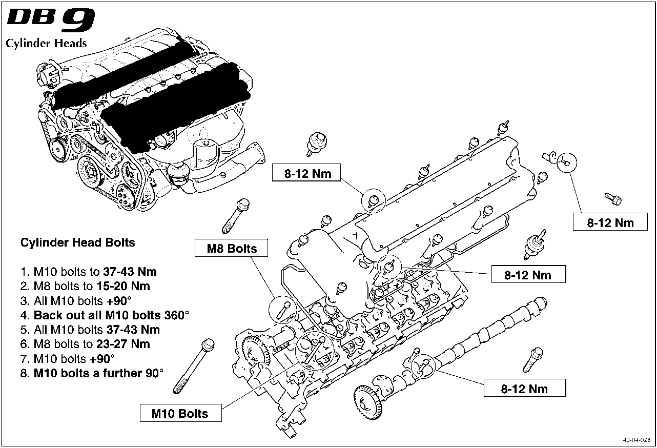 Diagram of DB9 cylinder heads and cylinder head bolts with torque specifications