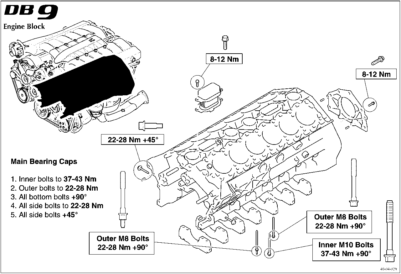 Diagram of DB9 engine block and main bearing caps with torque specifications
