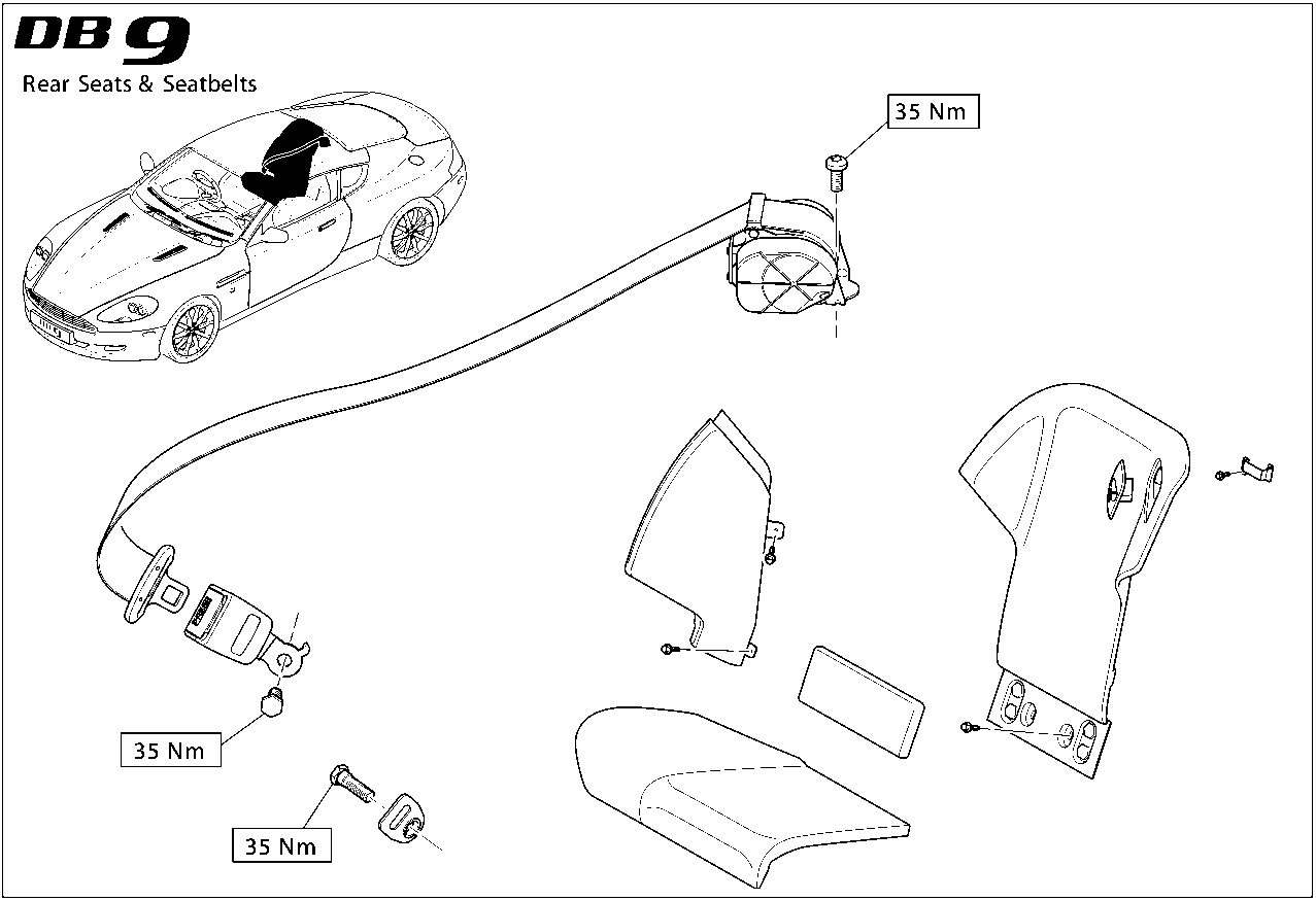 Diagram of rear seats and seatbelts with torque values: 35 Nm, 35 Nm, 35 Nm