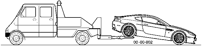 Rear suspended tow diagram showing a tow truck lifting a car with cradles under the rear wheels.