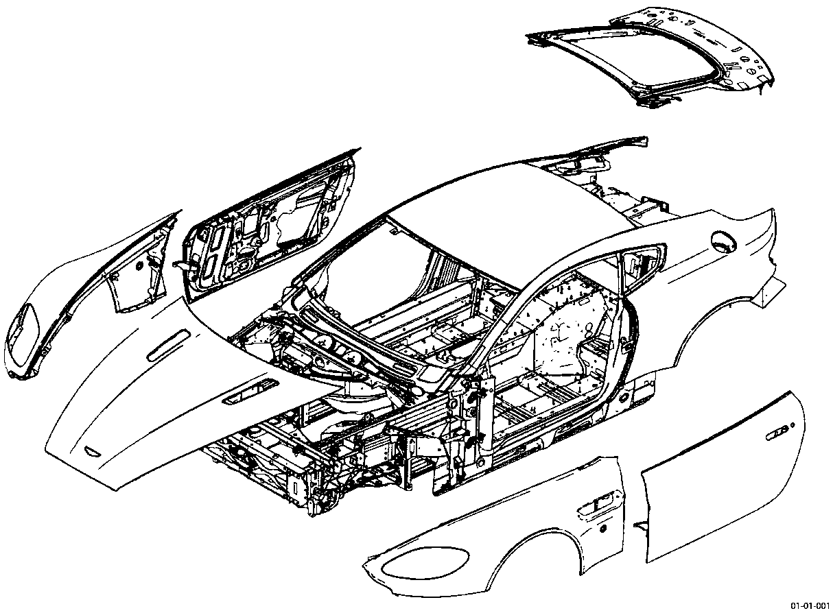 Exploded view of the Aston Martin V8 Vantage body structure showing bonded panels and bolted components.