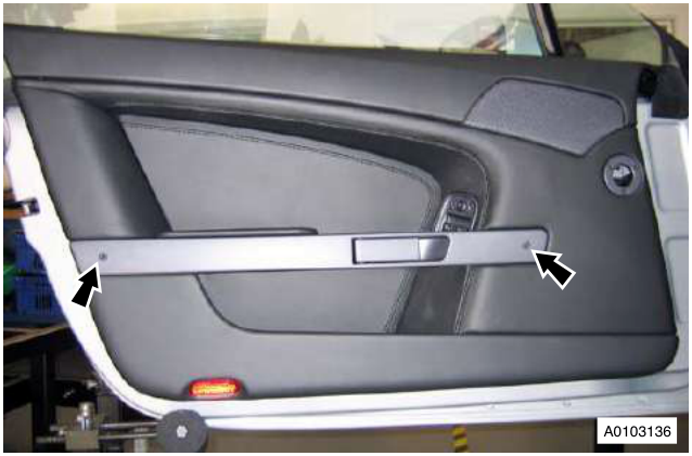 Close-up of car door interior showing door handle trim plate and release cables