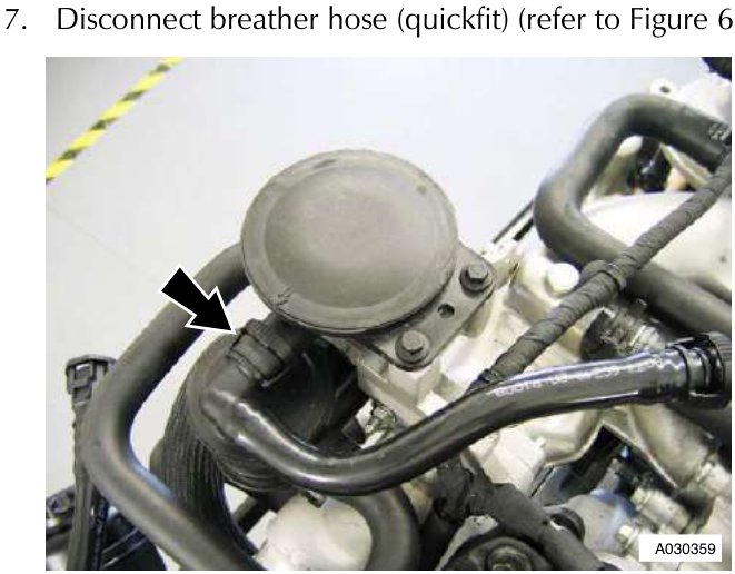 Engine component with a circular cap and surrounding hoses, with an arrow pointing to a quickfit connector on a curved hose