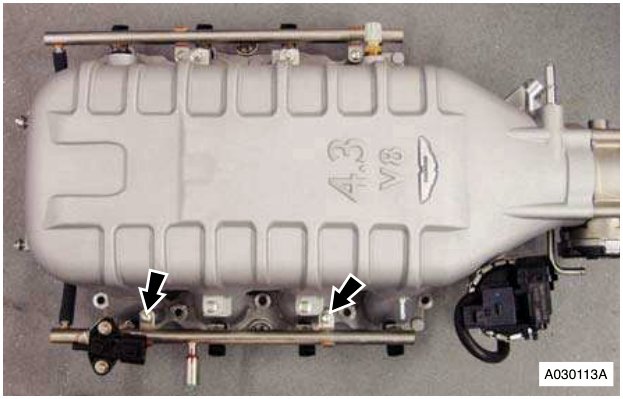 Fuel rail with arrows pointing to bolts