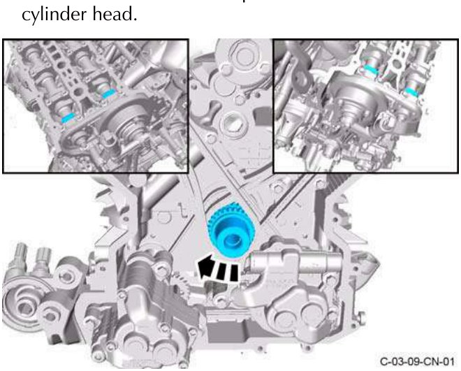Crankshaft and camshafts with machined flat areas aligned to cylinder head face.