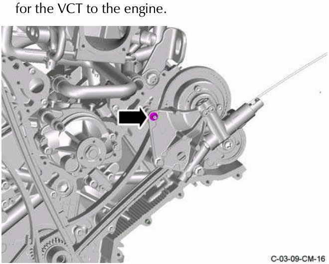 Diagram showing a nut attaching a left side bush carrier for the VCT to the engine, with an arrow indicating removal direction.