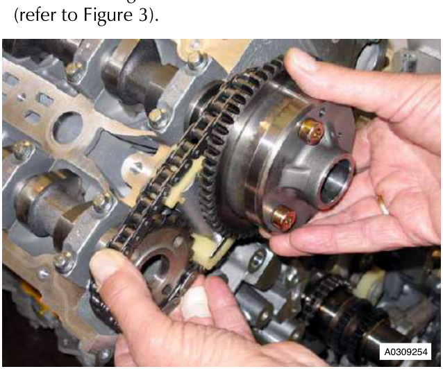 Hands removing camshaft sprocket with timing chain