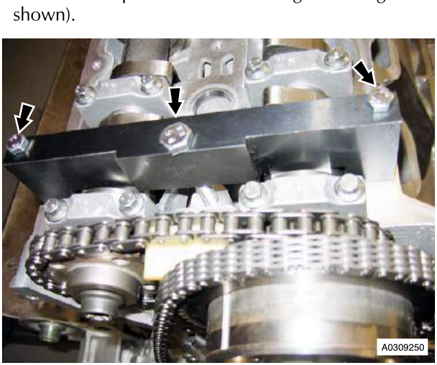 Engine block with camshaft and chain, showing arrows pointing to bolts
